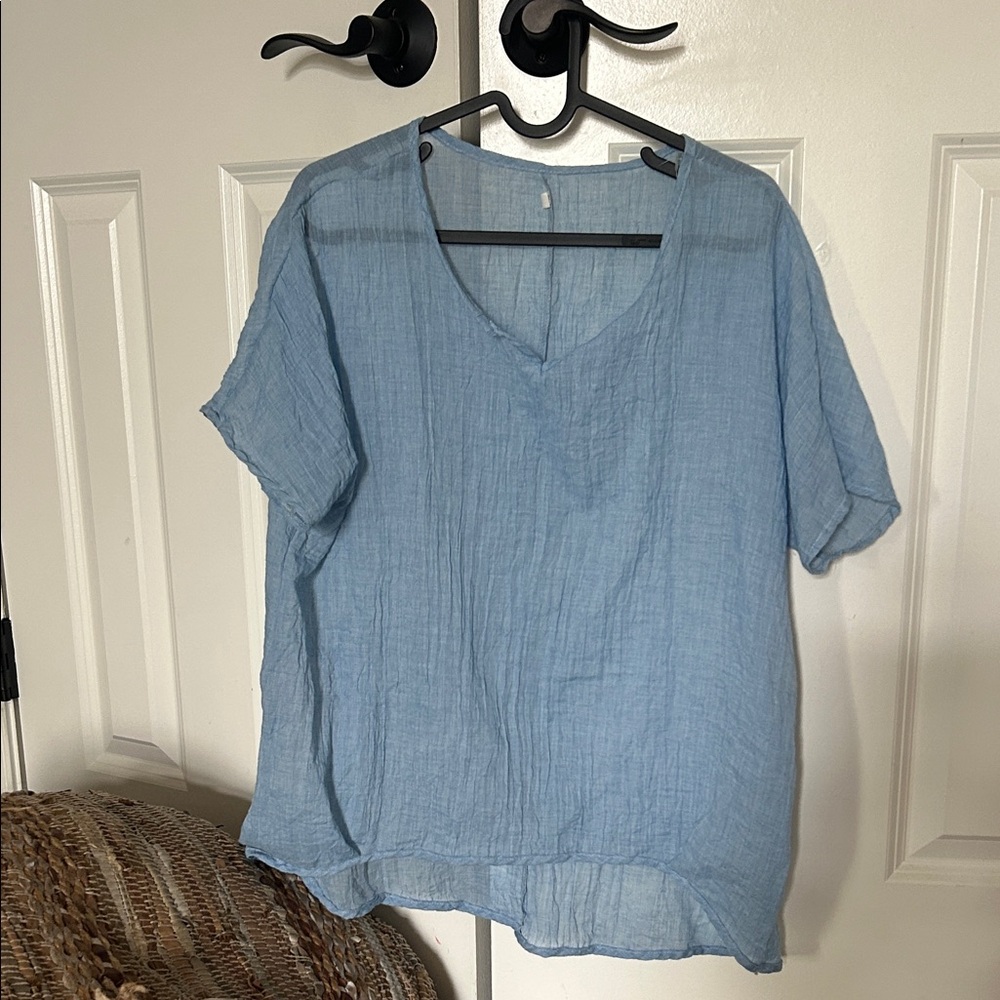 Light Blue V-Neck Short Sleeve Blouse